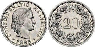 Afbeelding 1 van een verkocht 20 Rappen (Libertas; nickel)